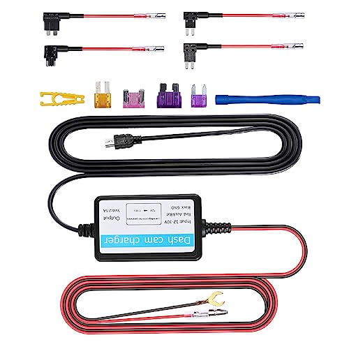 Podazz Dashcam-Hardwire-Kit, Mini-USB und Micro-USB-Anschluss,verlängertes 10,5-Fuß-Kabel mit LP-Mini/Mini/ATO/Micro2-Sicherung,12-24-V-Eingang,5-V-Ausgang,Dashcam-GPS-Sat-Nav mit BatterieAblaufschutz