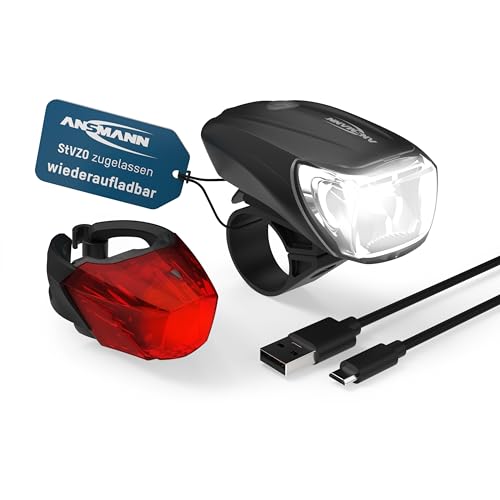 ANSMANN Fahrradlicht Set StVZO zugelassen - Akkubetrieben und aufladbar über USB, CREE LED, regensicher, einfache Montage, abnehmbar - Fahrradbeleuchtung bestehend aus Frontlicht & Rücklicht