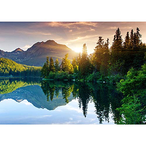 Fototapete Wald - ALLE WALDMOTIVE auf einen Blick ! Vlies PREMIUM PLUS - 300x210 cm - MOUNTAIN LAKE VIEW - Berge See Sonnenuntergang Romantisch Bäume Wald - no. 051