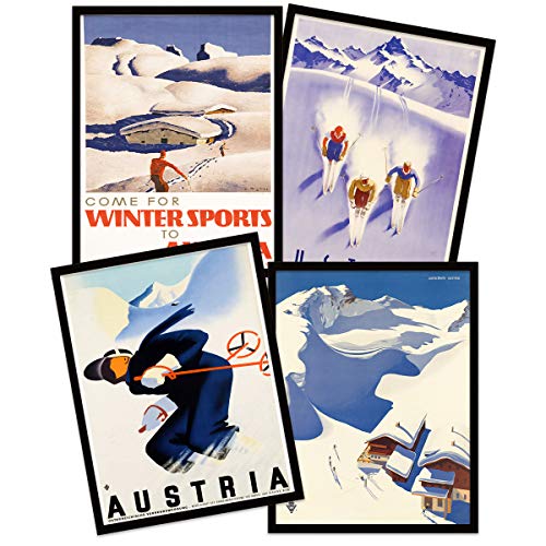 Wee Blue Coo Austria Skiing Travel Winter Sport Snow Alps Black Framed Wall Art Print Poster Home Decor Premium Pack of 4 Österreich Skifahren Reise Schnee Alpen Wand Zuhause Deko