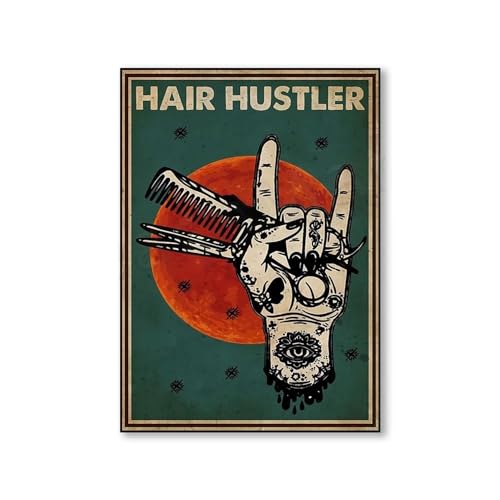 SHINERING Hair Hustler Vintage Poster, Haartherapie, Friseur, Friseur Shop Schild, Peace Love Barber Poster 50Cmx70Cm Kein Rahmen