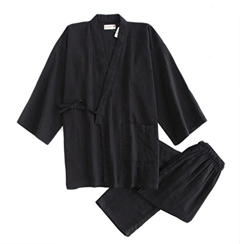 Herren Kimono-Pyjama-Anzug-Morgenmantel-Set [Schwarz, M] im Japanischen Stil