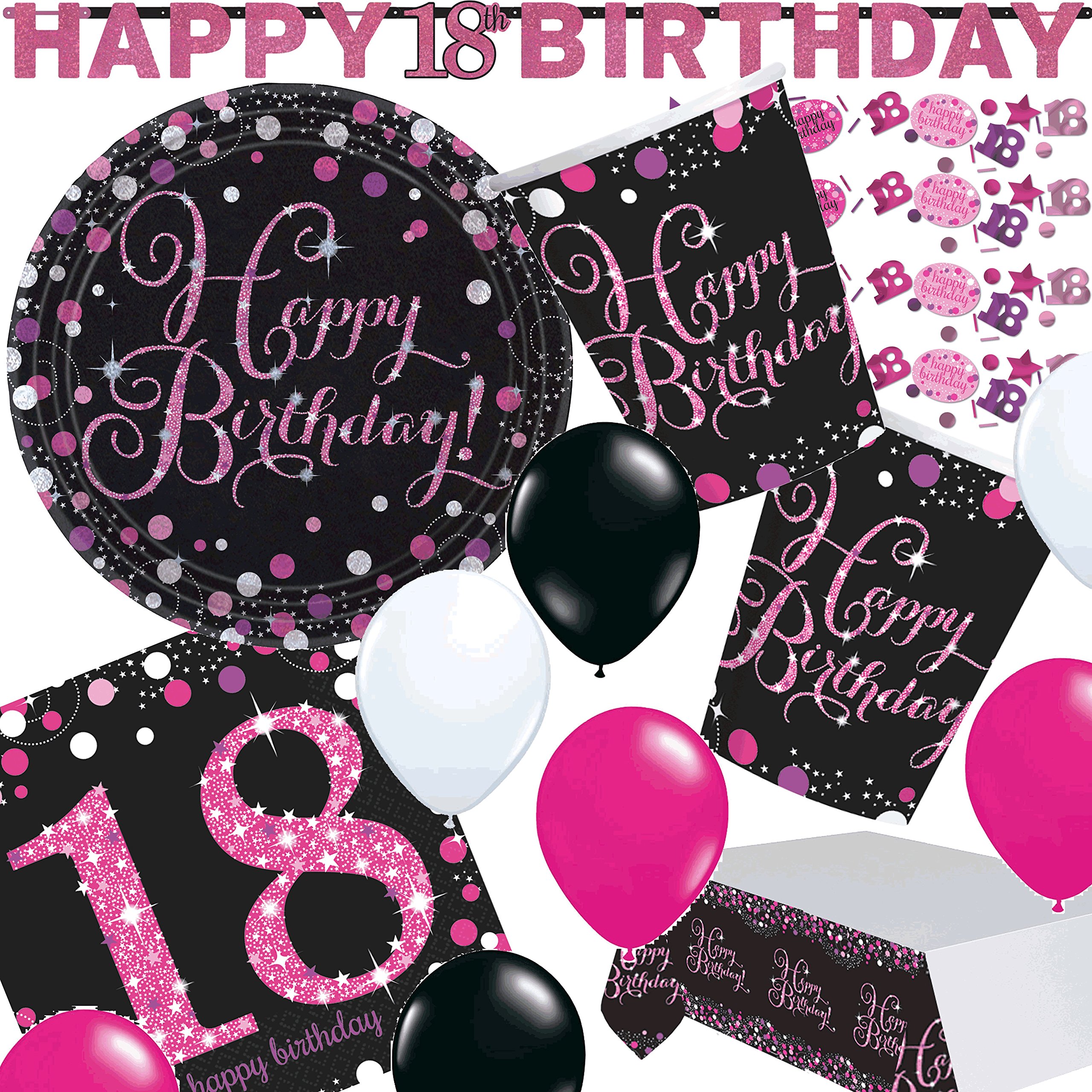 Carpeta 45-teiliges Partyset * PINK Sparkling Celebration * für den 18. Geburtstag // mit Teller + Becher + Servietten + Tischdecke + Konfetti + Girlande Luftballons | Party Set