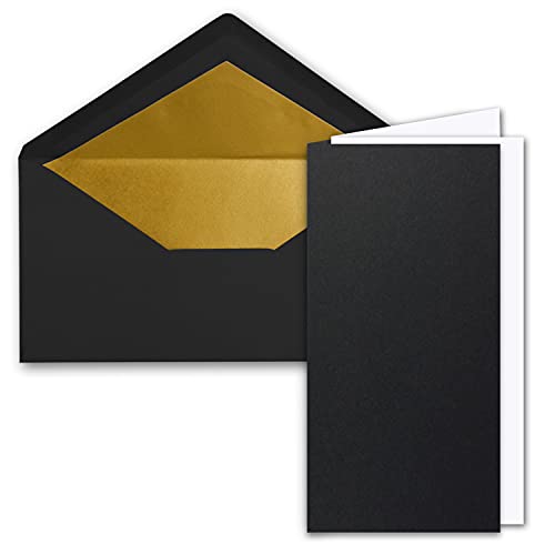 50x Faltkarten-Set DIN Lang inkl. Briefumschlägen mit goldenem Seidenfutter und weißen Einlegeblättern in Schwarz - 10,5 x 21 cm - für Einladungen und Grußkarten