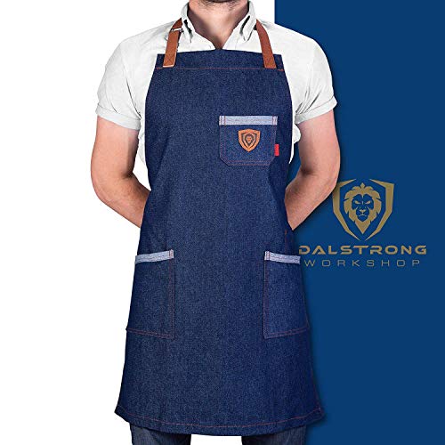 Dalstrong Professionelle Kochschürze - 100% Baumwoll-Denim - mit 4 Taschen - wasserabweisend - Details aus echtem Leder - verstellbare Gurte