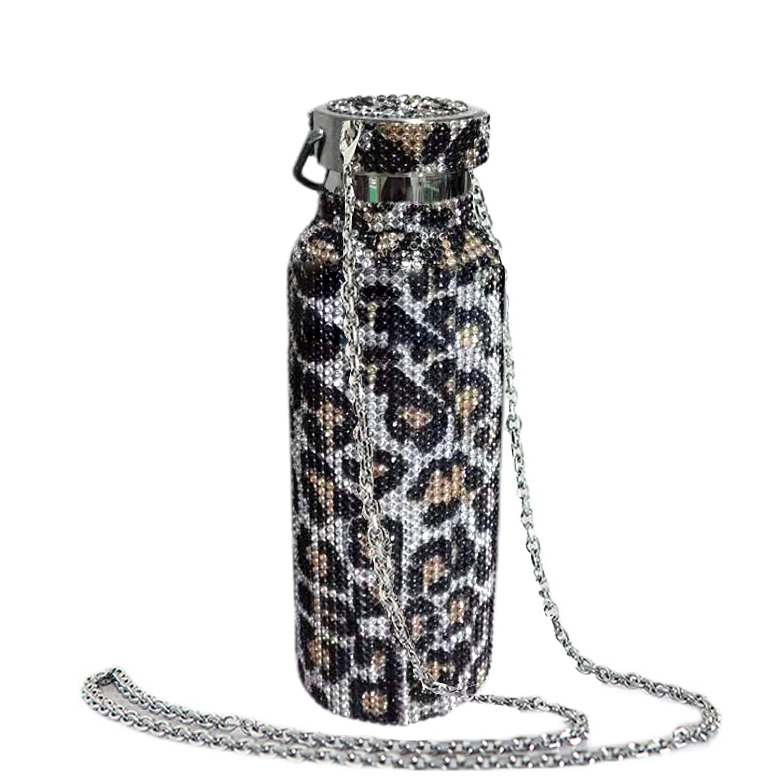 Clenp Wasserflasche, 350ml/500ml/750ml Isolierte Flasche Strass Eingelegte Wärmedämmung Edelstahl Kinder Isolierter Wasserbecher Für Reisen Leopard Golden 350ml