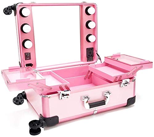Make-up-Koffer, rollender Zugkoffer, abschließbarer Kosmetikwagen, Spinnerräder mit Schiebeschublade mit Spiegel, mit LED-Glühbirnenwagen