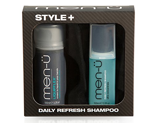 men-u Style+ Liquiflex, 100 ml (mit Daily Refresh Shampoo 100 ml), Haarstyling, Vorföhnen, mittlerer Glanz, Geschenkset für Herren