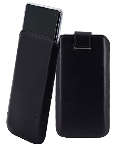Suncase Original Etui Tasche kompatibel mit Samsung Galaxy S10e | mit ZUSÄTZLICHER Hülle/Schale/Bumper Lasche mit Rückzugfunktion Handytasche Ledertasche Schutzhülle Case in schwarz