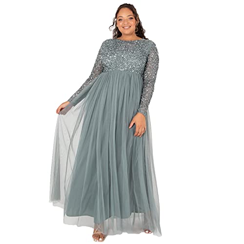 Maya Deluxe Women's Embellished Long Sleeve Maxi Formal Dress, Misty Green, 42