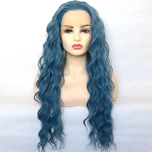 Synthetische Lace Front Perücken,Blaue Synthetische Lace Front Lockige Perücke Natürlicher Haaransatz Hitzebeständige Faser Cosplay Für Frauen,22 inch