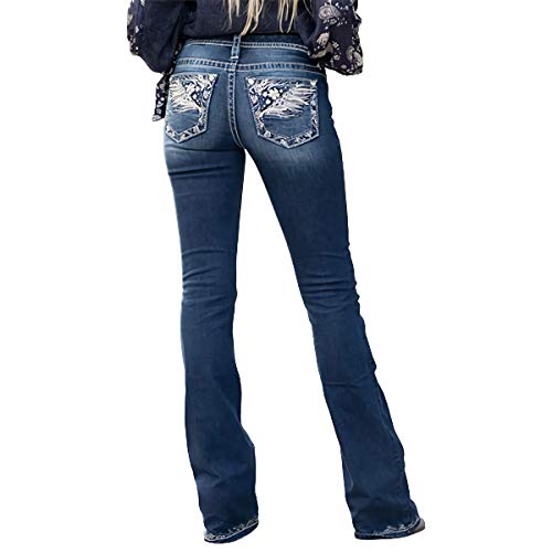 X-xyA Frauen Jeans Feder Blume Stickerei Mid Rise Dehnbare Bootcut Slim Wide Beinhose,Blau,XXL