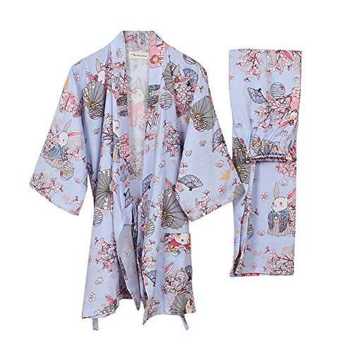 Fancy Pumpkin Frauen Kimono Robe Yukata Bademantel Pyjama Anzug [Lila Beten Kaninchen]