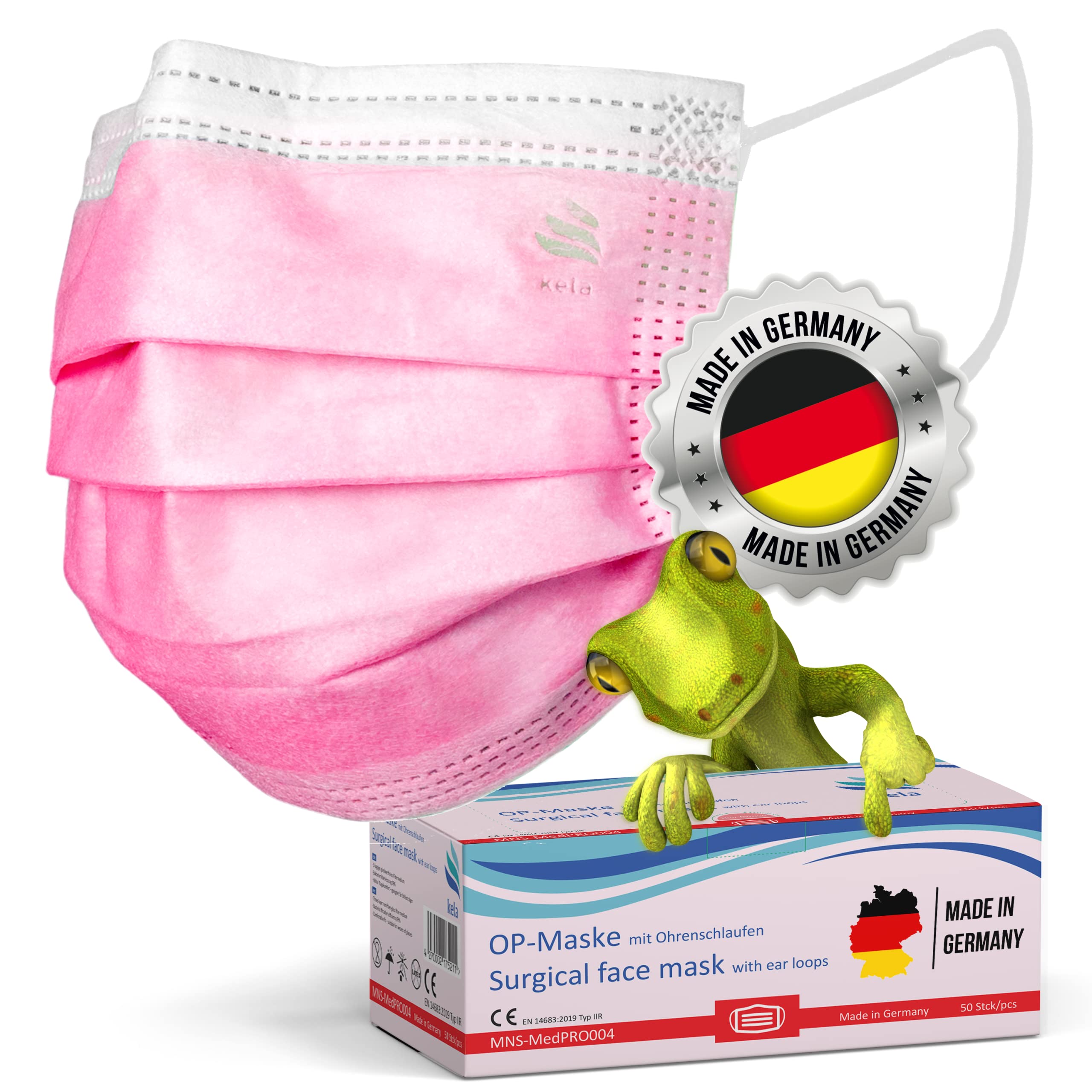kela OP-Maske - 250x Medizinische Maske Pink/Rosa | 100% Made in Germany | OEKO-TEX Standard | Premium Atemschutz Mundschutz OP Maske | MNS Typ IIR Einwegmaske