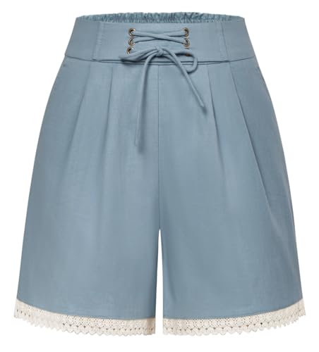 Damen Kurze Hose Retro High Waist Bermuda Shorts Baumwolle Sommer Shorts Kurze Hose Blau XXL
