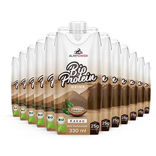 AlmPower Bio Protein Drink Kakao 12 x 330 ml - 25 g Eiweiß - Aus bester Bio-Alpenmilch, gluten- & laktosefrei - Ohne Süßstoffe und Zuckerzusatz - Made in Austria
