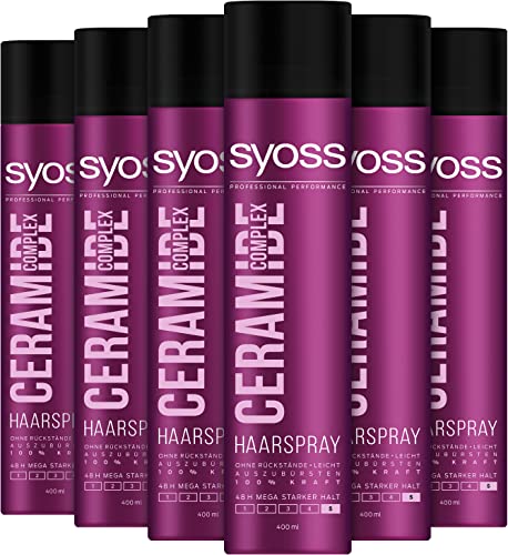 Syoss Haarspray Ceramide Complex Haltegrad (6 x 400 ml), mega starkes Styling Spray mit Ceramide-Keratin-Komplex für gestärktes Haar & 48 h Halt, mit UV-Schutz für die Haare