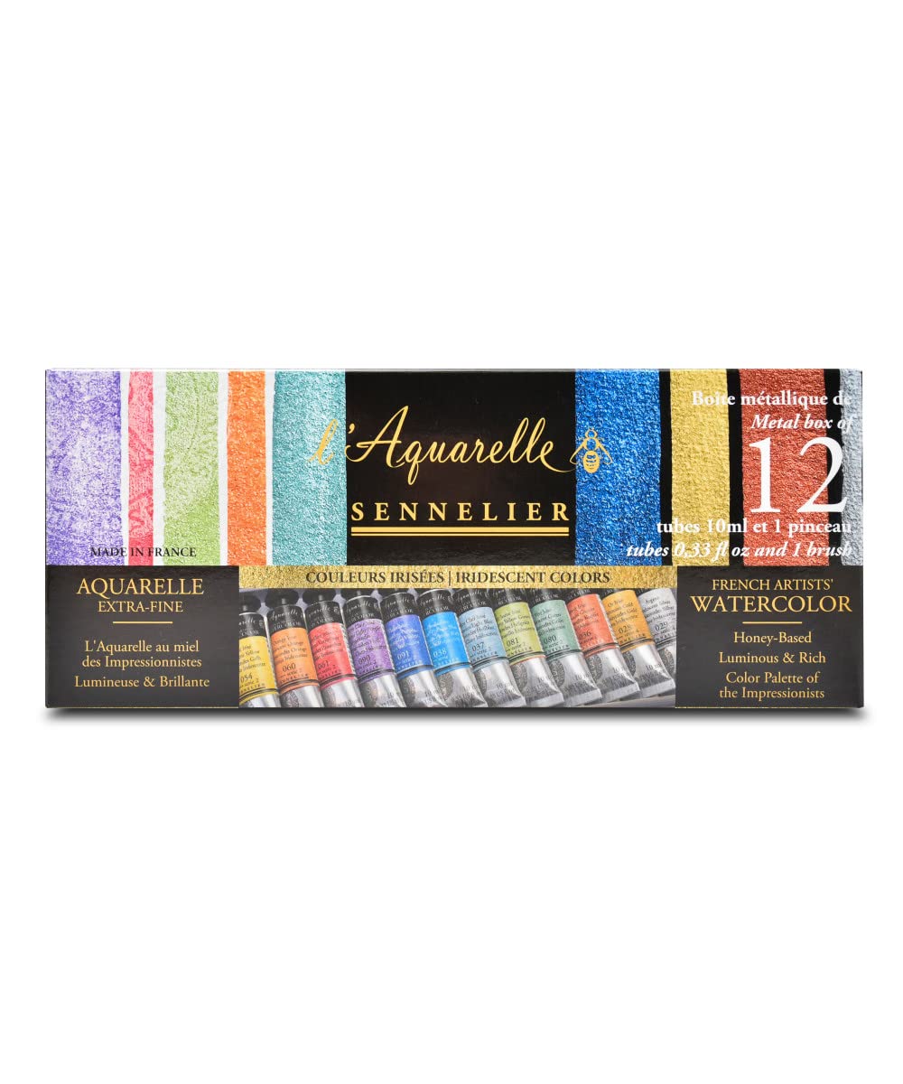 Sennelier l'Aquarelle Irisierende Farben, 12 Tuben á 10ml und Pinsel im Metallkasten