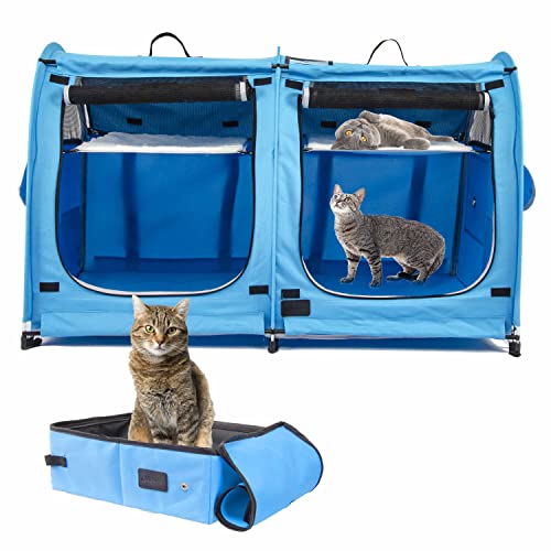 porayhut Mispace Tragbarer Katzenkäfig, mit 2 Fächern, einfach zu falten und zu transportieren, bequeme Welpenbox für Zuhause und Hunde, mit Tragetasche, Hängematten, Matten und Katzentoilette