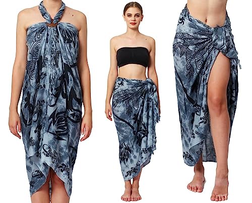 Ciffre Sarong Pareo Wickelrock Lunghi Dhoti Tuch Strandtuch Tribal Gecko Grau Schal + Schnalle
