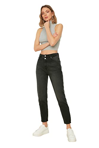 Trendyol, schwarzer Doppelknopf hohe Taille Mom Jeans, schwarz, 42