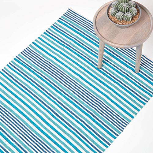 Homescapes blau gestreifter Teppich 120 x 180 cm aus 100% Baumwolle, klassischer Streifenteppich