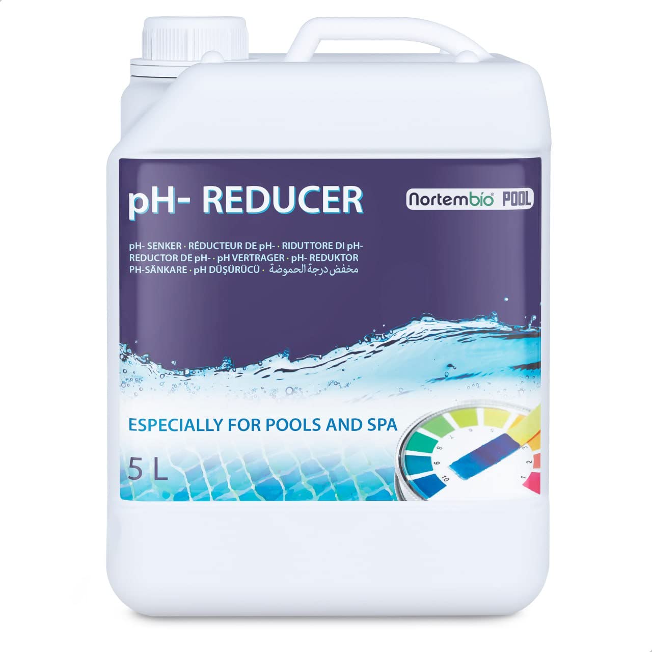 Nortembio Pool pH- Minus 5 L, Organischer pH- Senker für Schwimmbad und Spa. Erhöhung der Wasserqualität, pH-Regulierung, Vorteilhaft für die Gesundheit.