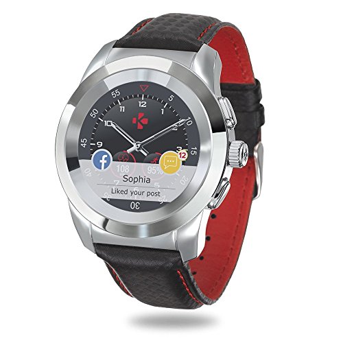 MyKronoz ZeTime Premium hybride Smartwatch 44mm mit mechanischen Zeigern über einen runden Farbtouchscreen – Regular Glänzend Silbern / Schwarz Carbon Rot Ziernaht
