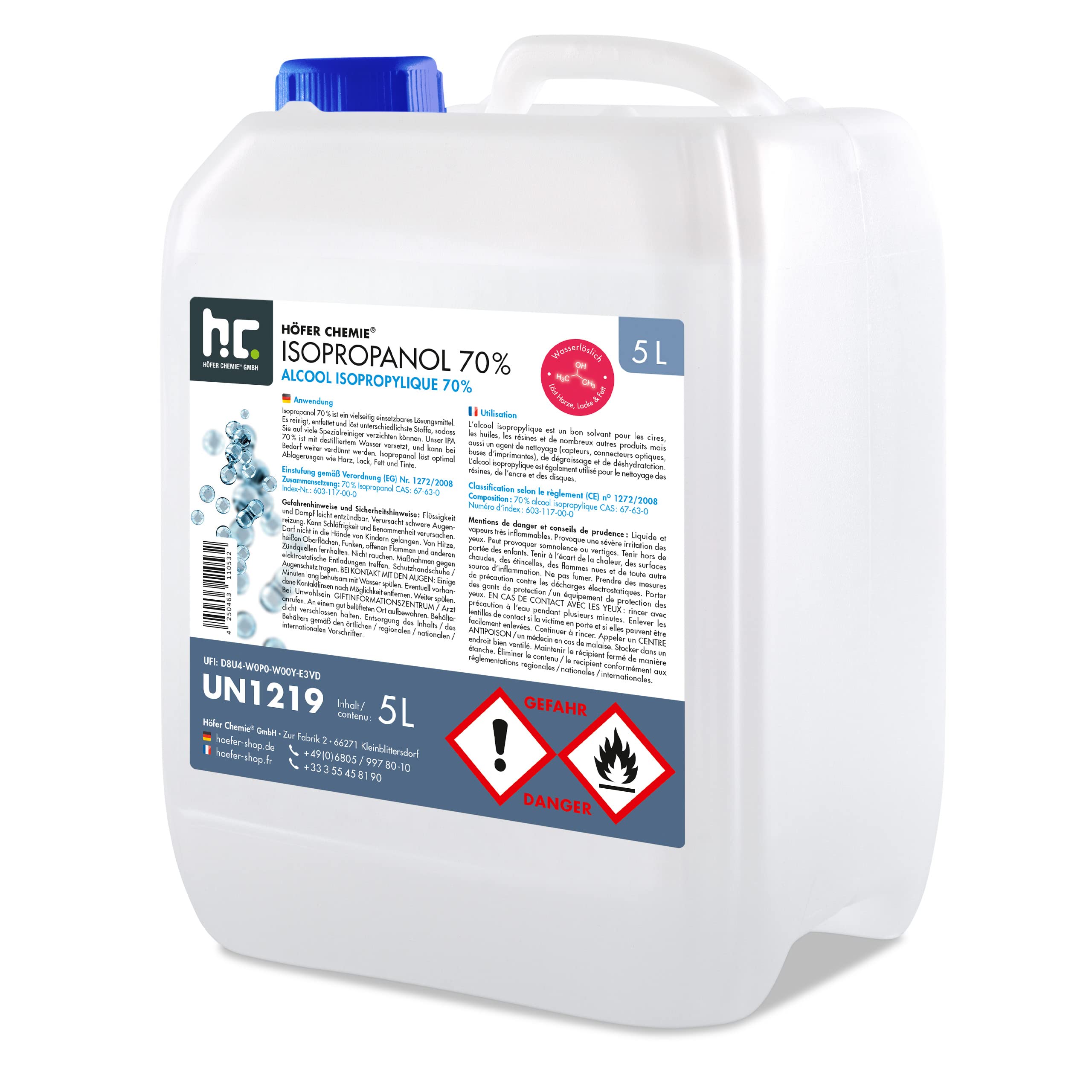 2 x 5 L Isopropanol 70% IPA von Höfer Chemie - perfekt als Lösungsmittel und Fettlöser geeignet - Nagel Cleaner, Bildschirmreiniger, Entfetter