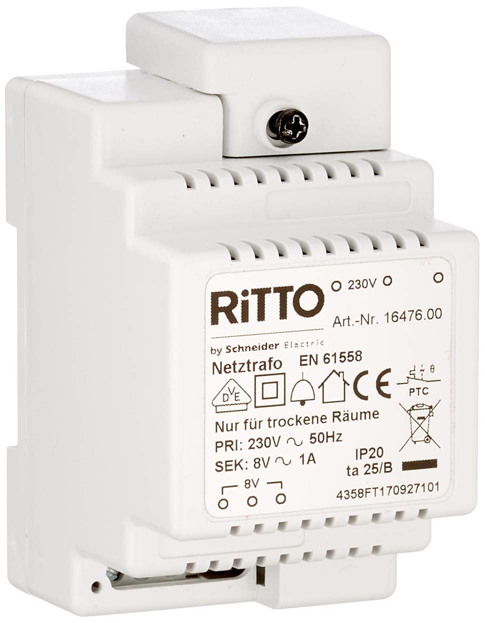 Ritto 1647600 Netztrafo, REG, Klingeltransformator, 8V -230 V AC passend für Hutschienen - Made in Germany