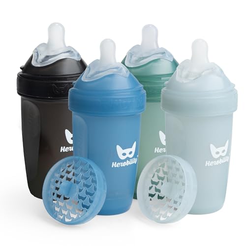 Herobility Double Anti-Colic Baby Bottles – 8.5 fl oz/240ml – 4-Pack – BPA-Free - Multicolor – Denim, Black, Dusky Green, Gray