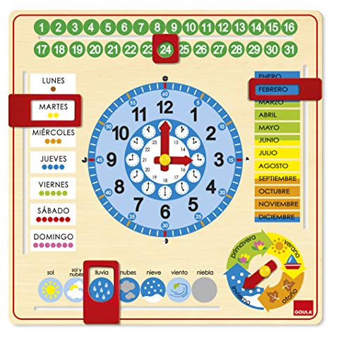 Goula Diset 51305 Uhr und Kalender für Kinder zum Lernen, auf Spanisch, Unterrichtsmaterial
