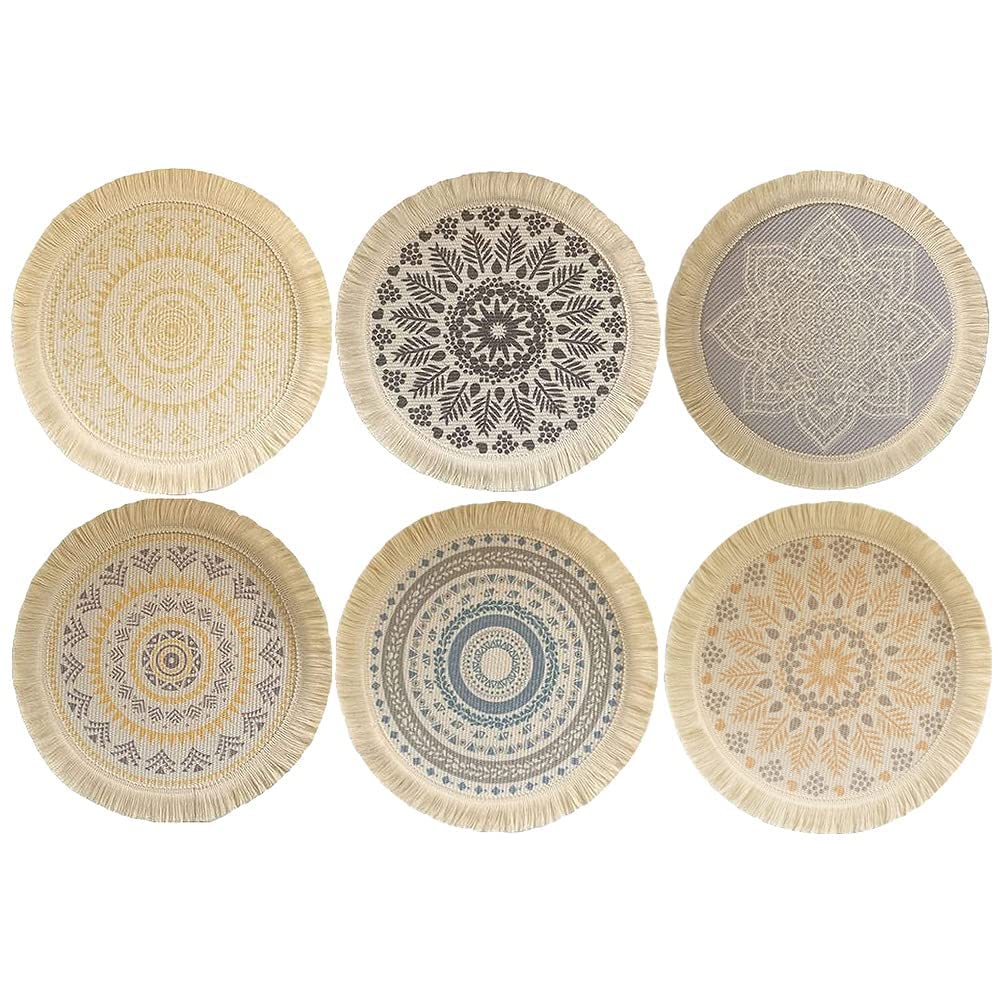 Sits Tischsets Rund Abwaschbar 6er Set Platzset Baumwolle Waschbar Boho Gewebte Untersetzer Napfunterlage mit Quaste für Runden Gartentisch Draußen Hochzeit Fotos Weihnachten (Color : B 33cm), Klein