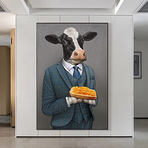 QITEX Bilderwand 40x60cm (Kein Rahmen) Drucke auf Leinwand Lustige Kuh im Anzug Porträt Gemälde Wand Bilder poster & kunstdrucke Bild Sofa Hintergrund Wohnkultur