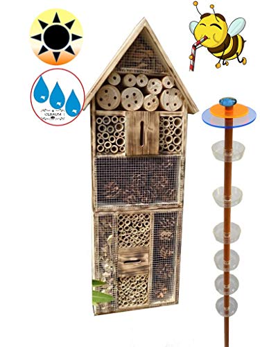 Insektenhaus Dunkelbraun Teak Look mit Schmetterlingshaus braun 1x Lotus Bienenhotel, Premium Insektenhotel MIT BIENENTRÄNKE,XXL Bienenstock & Bienenfutterstation für Wildbienen