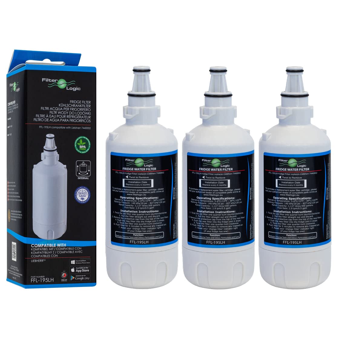 FilterLogic FFL-195LH | 3er Pack - Wasserfilter ersetzt Liebherr 7440002, 9881227, CBNes6256 Kühlschrankfilter Filterpatrone