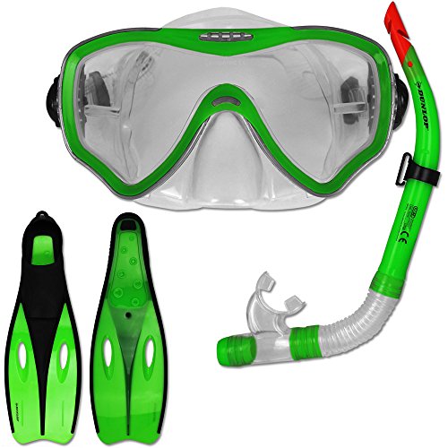 TW24 Tauchset Dunlop mit Farb- und Größenauswahl - Schnorchel Set - Tauchermaske - Schnorchel - Schwimmflossen (Grün, 38-39)