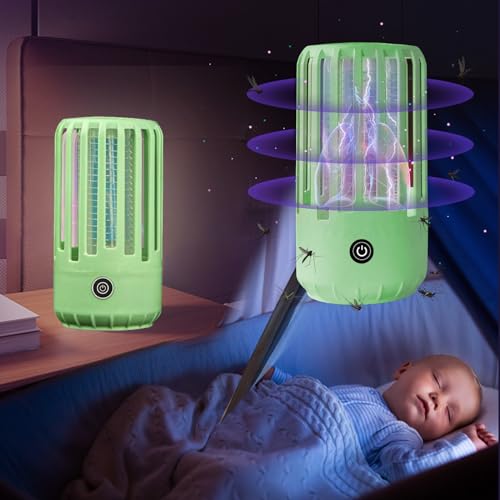 Insektenvernichter, 2 in 1 elektronische Moskito Lampe mit Nachtlicht Modus, 3000V 360° wiederaufladbare Moskito Zapper Inneninsekt Killer Lampe für Camping Schlafzimmer Büro(Grün)