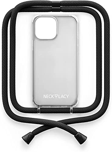NECKLACY® - The Phone Necklace - Handykette für Apple iPhone 14 Pro Max in All Black | transparente Handyhülle mit hochwertiger Kordel zum Umhängen - Smartphone Crossbody Case