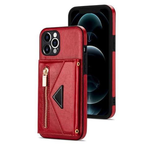 LIFEKA Lange Lanyard-Reißverschluss-Brieftaschen-Telefonhülle für iPhone 15 Pro Max 14 13 12 11 X XS XR 8 7 Plus SE 2022 Leder-Kartenhalter-Abdeckung, rot, für iPhone 13 Pro Max