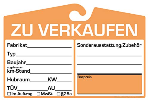 25x KFZ-Verkaufsschild zur Befestigung am Innenspiegel (orange, analoge Anzeige)