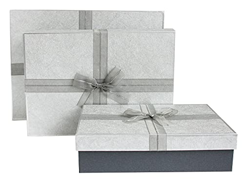 Emartbuy Set mit 3 stabilen Geschenkboxen, dunkelgraue Box mit silbernem Deckel, brauner Innenseite und grauem Stoffband