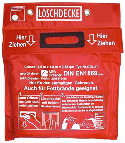 Löschdecke 1,60 x 1,80 m Geprüft MPA Dresden nach DIN EN 1869:2001, (auch für Fettbrände), Funkenschutz, roter Tasche Klettverschluß 2 Ösen weißem Hitzebeständigem Glasgewebe aufgenähten Grifftaschen