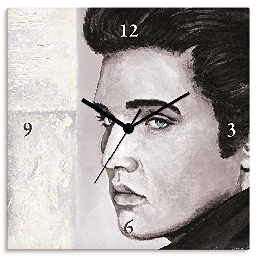 Artland Wanduhr ohne Tickgeräusche Leinwanduhr Quarzuhr lautlos Quadratisch 30x30 cm Design Musik Porträt Elvis Presley Hollywood Star Grau T9QW