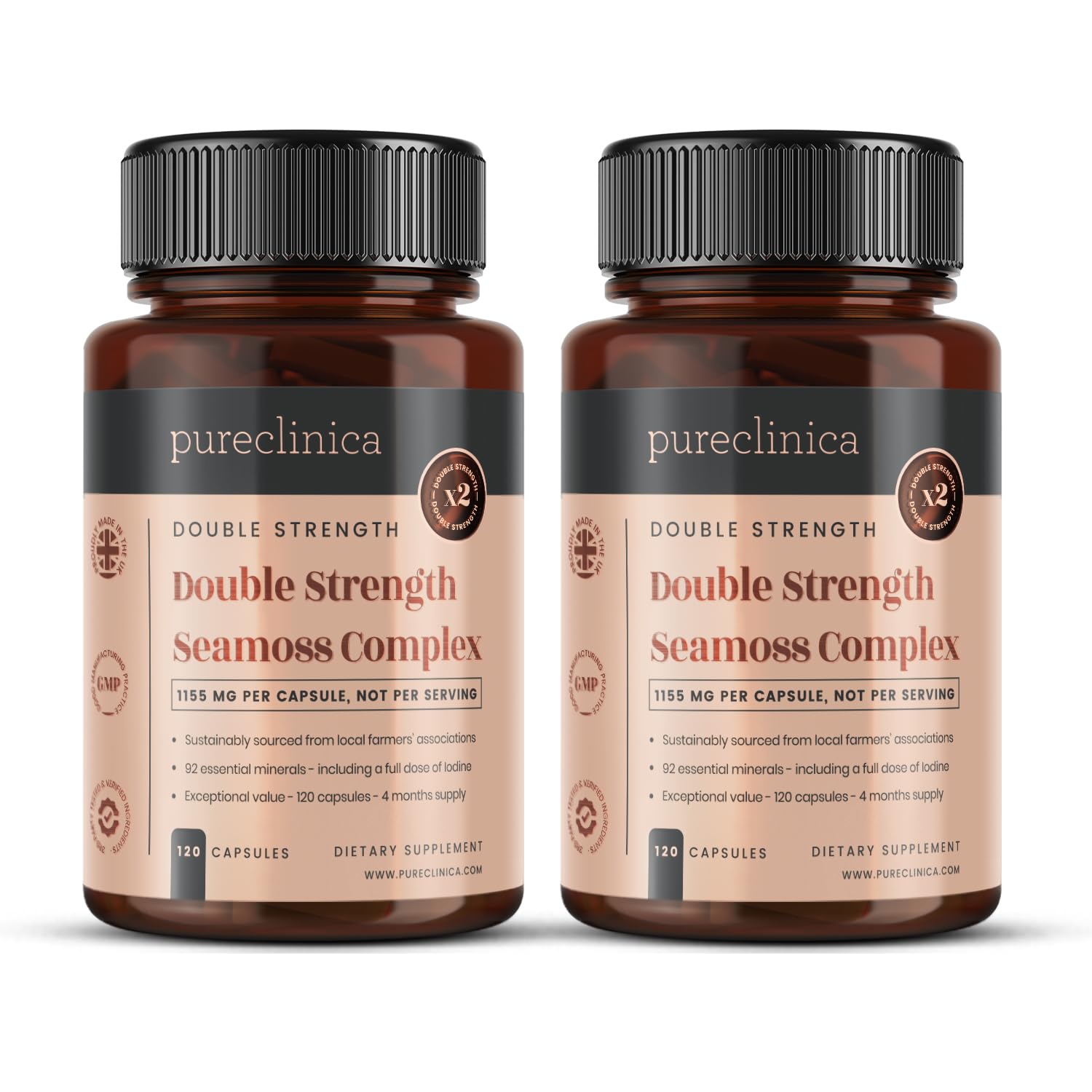 Pureclinica Seamoss-Komplex mit doppelter Stärke – 1155 mg x 240 Kapseln (2 Flaschen à 120 Stück) – Vorrat für 8 Monate – mit 500 mg Seamoss, Blasentang und Klettenwurzel