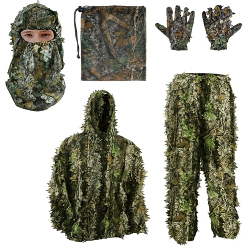 PELLOR 3D Ghillie Tarnanzug, Dschungel Ghillie Suit Woodland Camouflage Anzug Kleidung mit Camouflage Kappen Handschuhe für Jagd Verdeckt Halloween