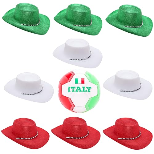 Toyland® Italien-Themen-Fußballpaket–1 x Fußball(3,6 kg/Größe 5) und 9 glitzernde Cowboyhüte–3 grün,3 rot & 3 weiß(34 cm/13 Zoll)–perfekt für Euros,Weltmeisterschaft und Festival