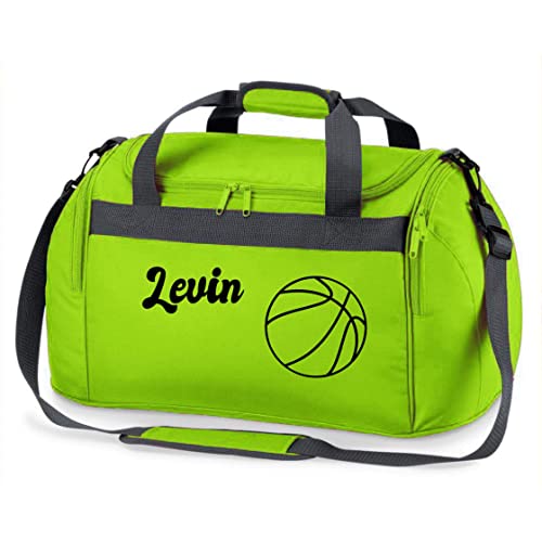 Sporttasche mit Namen Bedruckt für Kinder | Personalisierbar mit Motiv Basketball | Reisetasche Duffle Bag für Mädchen und Jungen Sport (grün)