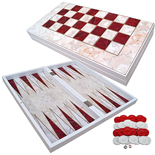 PrimoLiving Deluxe Holz Backgammon Set RED Marble im XXL Format 48x48,7 cm