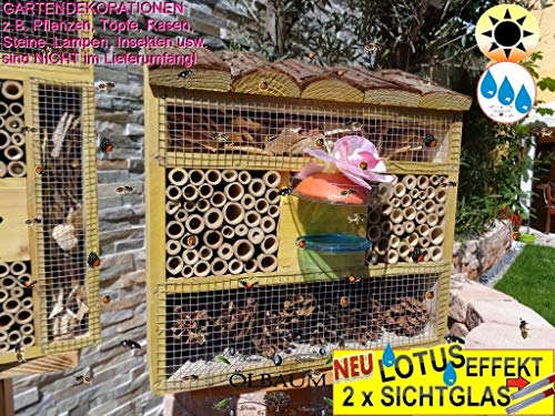 1x Bienenhotel, mit Lotus+2xBrutröhrchen,Rindendach Insektenhaus + Bienenhaus mit Bienentränke, insektenhotel mit Rindendach, Farbwahl